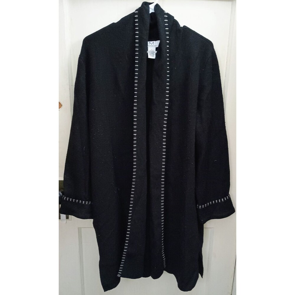 Women's Magaschoni Black Open Front Cardigan Sweater White Contrast Trim Size L